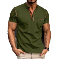 Polo de manga corta para hombre, camiseta informal con cuello Henley, talla grande, primavera, verano, Azul, Negro, RED2xl - details 4