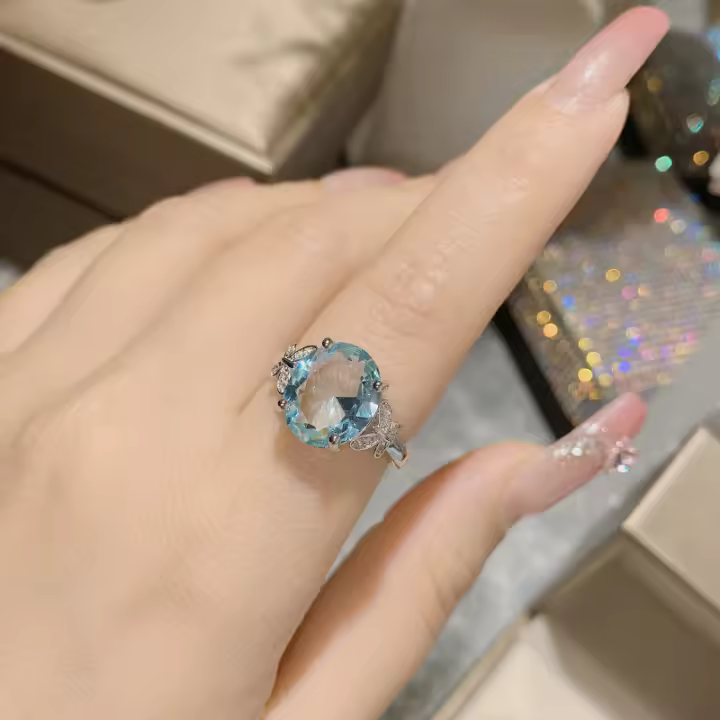 Anillo de Gemas Coloridas Plateado Dorado con Cristal Amarillo Micro Inladido Moda Femenina - 1