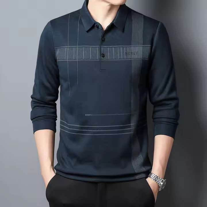 Camiseta Casual para Hombres CASUMANL EU SIZE con Cuello Abotonado y Rayas Empresarial Manga Larga para Otoño Ajuste Regular - 1