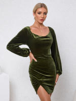 Vestido de fiesta de terciopelo de manga de burbuja de cuello Delgado para mujeres - details 1