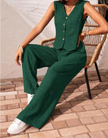Conjunto casual de lino nuevo para mujer, chaleco con cuello en V, top sin mangas con botones frontales y pantalones largos. - details 7
