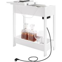 Mesita Auxiliar, Mesa de Sofá con Tablero Plegable, Compartimento Oculto y Estante de Almacenaje, Mesita Estrecha con Enchufe y Puertos USB, Ideal para Salón y Dormitorio, Blanco, 0001CHJ - details 0