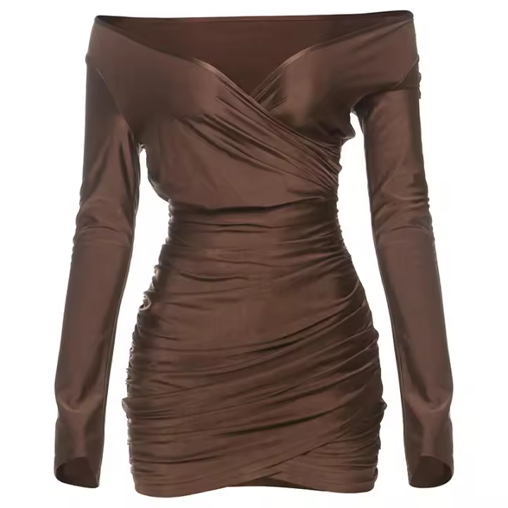 BUNO-Vestido elegante fruncido con diseño de gato extraño para mujer, minivestido ajustado de manga larga con cuello oblicuo y espalda descubierta, trajes sexys y elegantes de tendencia de otoño - 1