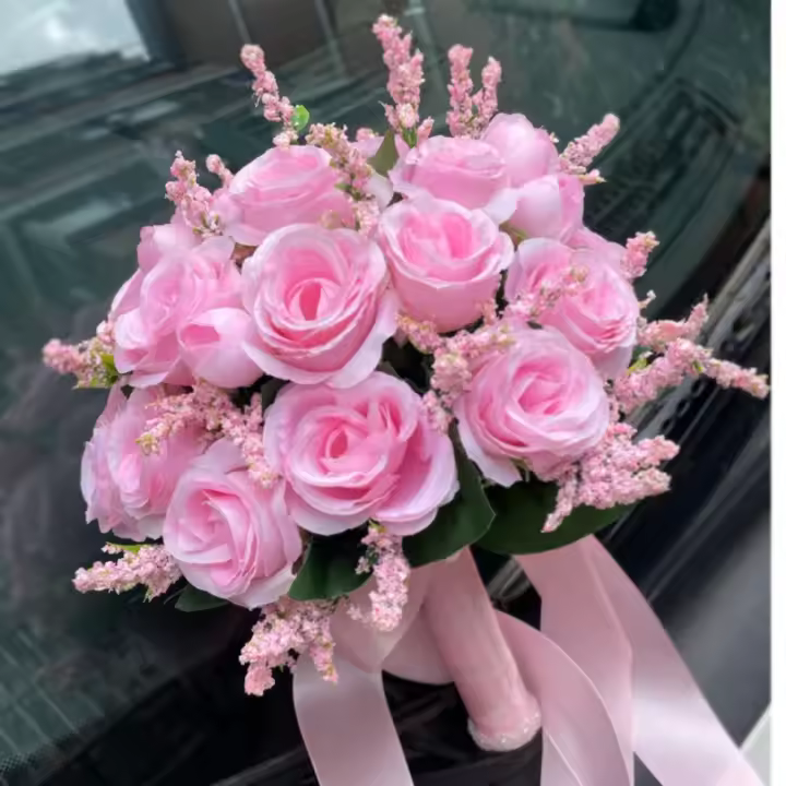 Ramo de flores artificiales para dama de honor, Rosa Natural con cinta de satén de seda, rosa, blanco, champán, fiesta nupcial - 1