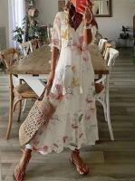 Vestido largo bohemio de verano para mujer, vestidos Vintage con estampado ral y manga con cuello en V, vestido de playa holgado informal con cordón para mujer - details 12