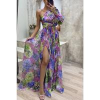 Vestido Largo Casual De Otoño Para Mujer Con Hombros Descubiertos Y Cintura Ajustada Estampado De Fiesta Con Abertura Diagonal Vestido A-Line - details 5