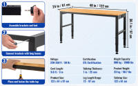 SucceBuy Banco de trabajo de altura ajustable, mesa de garaje con tomas de corriente, tapa de madera dura, estructura de metal, ruedas giratorias - details 2