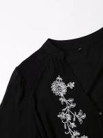 Vestido casual de otoño negro con botones delanteros para mujer, cinturón, bordado floral, manga corta/larga y cuello en V. - details 3