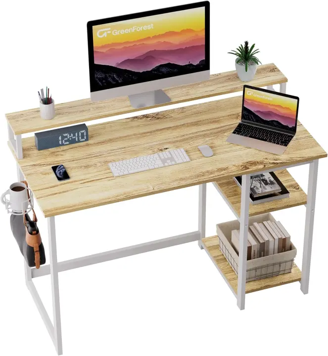 Escritorio de Ordenador con Soporte de Monitor, Escritorio de Oficina con Estantes de Almacenamiento Ajustables, Escritorio Pequeño Reversible para Estudio, Blanco - 1
