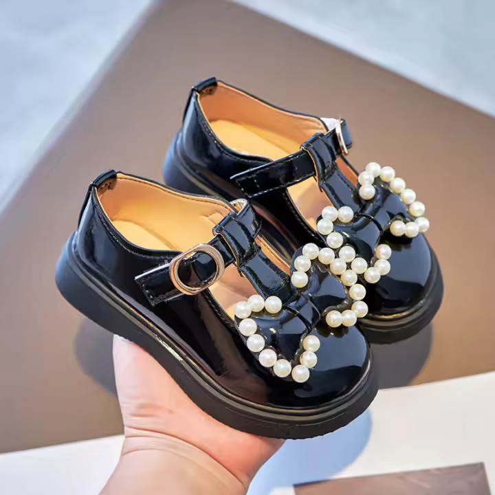 Zapatos de cuero para niña con lazos de perlas, zapatos planos suaves y cómodos con perlas de princesa, primavera y otoño - 1