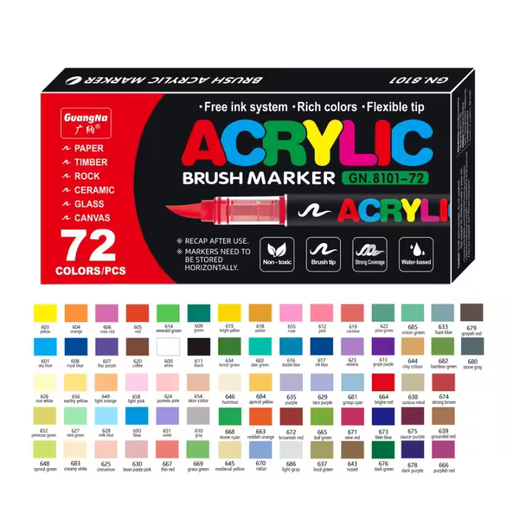 Marcadores acrílicos Rotuladores acrílicos de 72 colores, bolígrafo resistente al agua, punta de pincel suave, arte para estudiantes para vidrio, piedra, Metal, vidrio, madera, papel plástico - 1