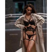 Lencería erótica, ropa interior sexy de encaje hueco, conjuntos exóticos transparentes, conjunto sensual de sujetador con aros y bragas con ligas - details 53