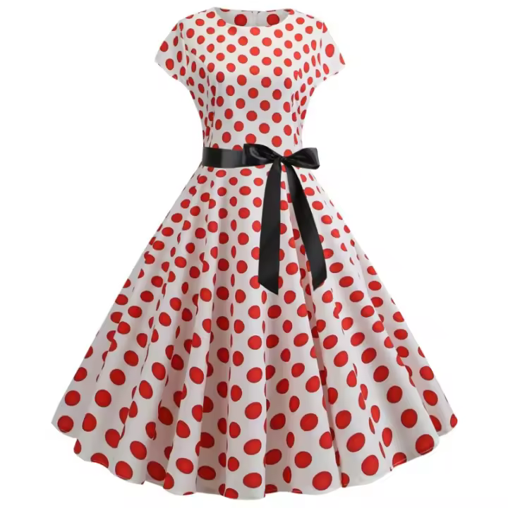 Vestido retro de verano para mujer, cuello redondo, manga, lunares, con cinta negra en la cintura - 1