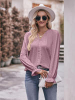 Blusa de gasa de retazos de encaje para mujer, camisa elegante informal de manga larga con cuello en V, trabajo de oficina, moda - details 6