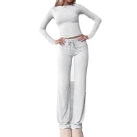 Conjunto de dos piezas de manga corta sólida para mujer, chándal informal, camiseta corta con cuello redondo y pantalones de cintura alta con cordón, chándal alto, traje de sexta forma, conjuntos para mujer, tops y pantalones elegantes para salir, viajes, - details 0