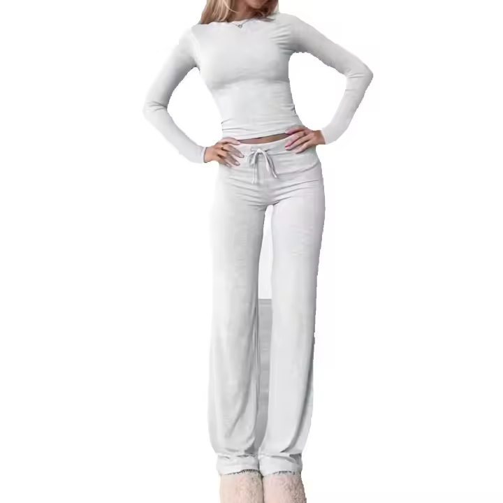 Conjunto de dos piezas de manga corta sólida para mujer, chándal informal, camiseta corta con cuello redondo y pantalones de cintura alta con cordón, chándal alto, traje de sexta forma, conjuntos para mujer, tops y pantalones elegantes para salir, viajes, - 1