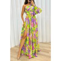 Vestido Largo Casual De Otoño Para Mujer Con Hombros Descubiertos Y Cintura Ajustada Estampado De Fiesta Con Abertura Diagonal Vestido A-Line - details 4
