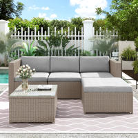 Conjunto de sofá lounge de poliratán, muebles de jardín lounge, sofá esquinero, conjunto de sofá con cojines de asiento y respaldo, mesa lounge con tapa de cristal, color caqui - details 2