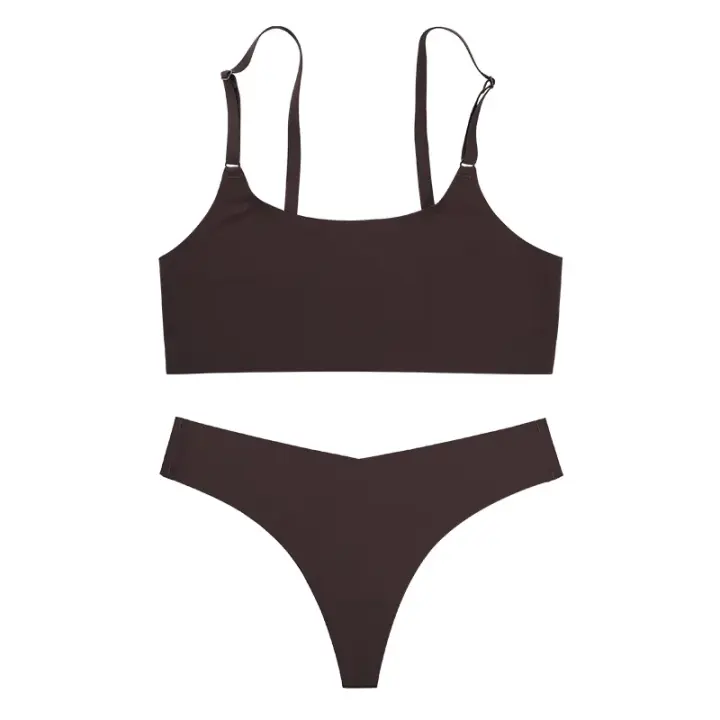 Conjunto de sujetador sin costuras para mujer, Tanga Sexy de cintura baja, sujetador sin aros, Bralette, lencería, conjunto de ropa interior femenina de seda helada - 1