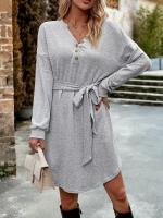 Vestido Corto de Crochet para Mujer Cuello en V, Color Sólido, Moda Casual, Prenda Única de Punto - details 15
