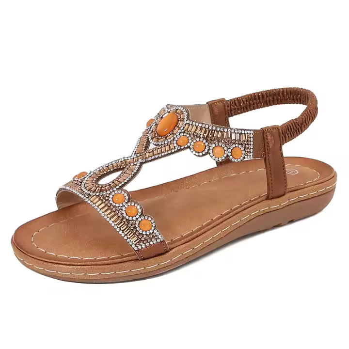 Sandalias Bohemias Mujer 2025 con Cristales - Punta Redonda, Tira en Dedo y Suela Plana |   Zapatos Abiertos de Verano Elegantes y Frescos para Playa y Ciudad - 1