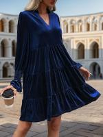 Otoño e Invierno suelto Color sólido con cuello en V vestidos de manga larga para mujer nuevo en elegante Retro Casual Midi vestido femenino - details 14