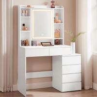Tocador con Luces LED de Brillo Ajustable, Mesa de Maquillaje con Espejo, Compartimentos Abiertos, Estantes Ajustables, Estación de Maquillaje, Moderno, Blanco Nube - details 0