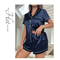 Conjunto De Pijamas De Seda Y Satén Para Mujer Verano Con Cuello Redondo Y Shorts 2 Piezas Dormitorio Elegante Pijama De Noche - details 5