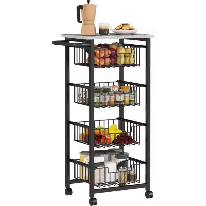 Carrito de Cocina Carrito Verdulero para Cocina con 4 Cestas Deslizables y Marco de Acero Carrito Auxiliar con Ruedas para Comedor 49,5x31x91 cm Gris Claro - 1