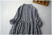 Vestido literario de primavera y otoño, cómodo, de algodón de doble capa, con cuello levantado, de manga larga, holgadas de cuadros - details 7