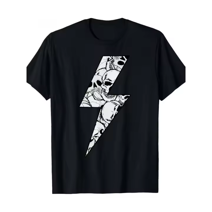Camiseta con estampado de calavera y relámpago para hombre, 100% algodón, camiseta transpirable con cuello redondo para todas las estaciones - 1
