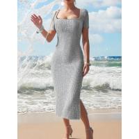 Vestido de punto versátil de verano con cuello cuadrado, largo medio, falda ajustada a la cadera, corto para la noche con abertura. - details 10