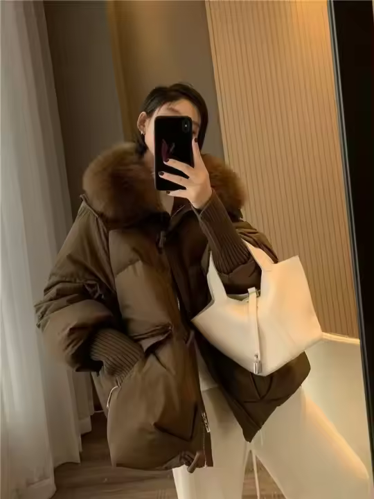 Puffa invierno con cuello de piel sintética, chaqueta de bolsillo cálida y holgada para mujer - 1