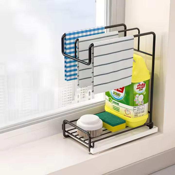 Estante de almacenamiento de cocina con perforación libre, bandeja de drenaje adhesiva, estante de trapo para drenaje de cocina, soporte de esponja montado en la pared para escritorio - 1