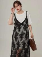 Vestido de encaje negro transparente de una pieza para mujer, vestido Midi sin mangas con cuello en V, estilo coreano, a la moda, para primavera y verano - details 3