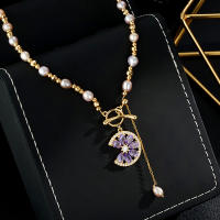 Color púrpura chara hadas collar de perlas de agua dulce para mujeres oro real chapado micro incrustado con circonitas púrpura colgante gargantilla - details 2