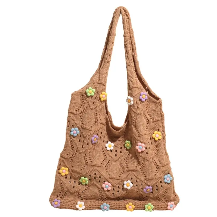 Bolso de hombro dulce, bolso de mano de ganchillo con dije de flor, bolso tejido con hilo de flores transpirable, bolso tejido de gran capacidad de color caqui para playa - 1