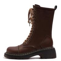 Botas Vintage Chunky Mid Calf Con Cordones Botines Altos hasta el Muslo Marrón - details 1