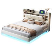 Marca de Cama Almohada 160 x 200 cm con Enchufe USB y Barra de Luz Cabeza Giratoria con Compartimentos de Almacenamiento Marco de Metal Estable Lino Doble Cama en Marrón - details 10