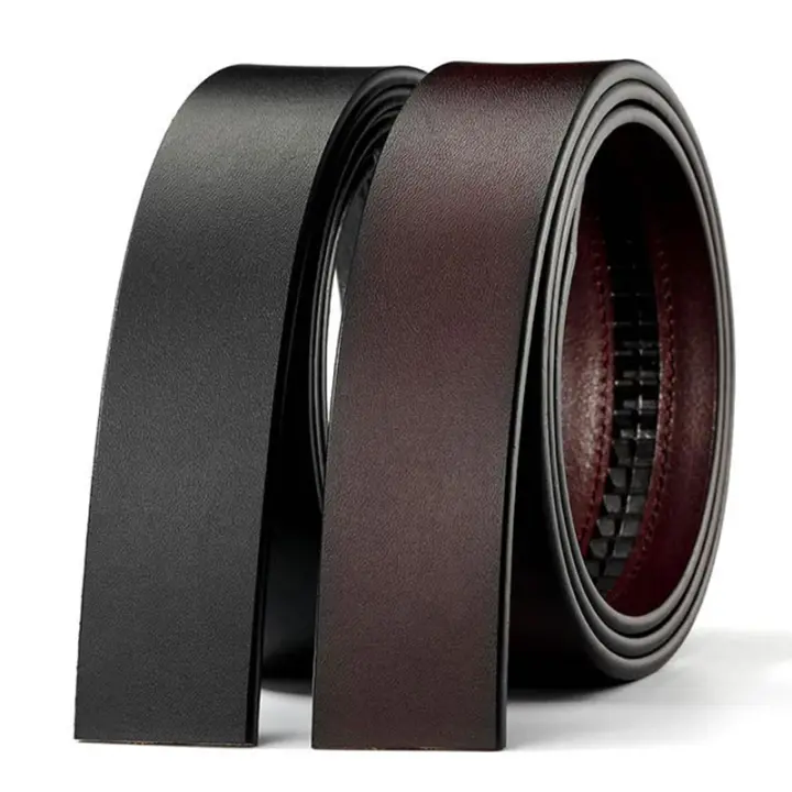 Cinturón de piel auténtica de vaca 100% auténtica, sin hebilla para hebilla automática, cuerpo de cinturón vintage de 3,50 cm de ancho, color negro y marrón - 1