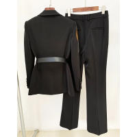 Traje de pantalón de talla grande con cuentas de diamantes para mujeres, pantalón acampanado, blazer corto con cinturón, conjunt - details 2
