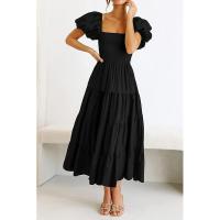 Vestido de manga corta fruncido con cuello cuadrado y espalda descubierta a la moda para mujer - details 12