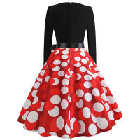 Women dot print party elegant vintage swing long sleeve dress - details 20