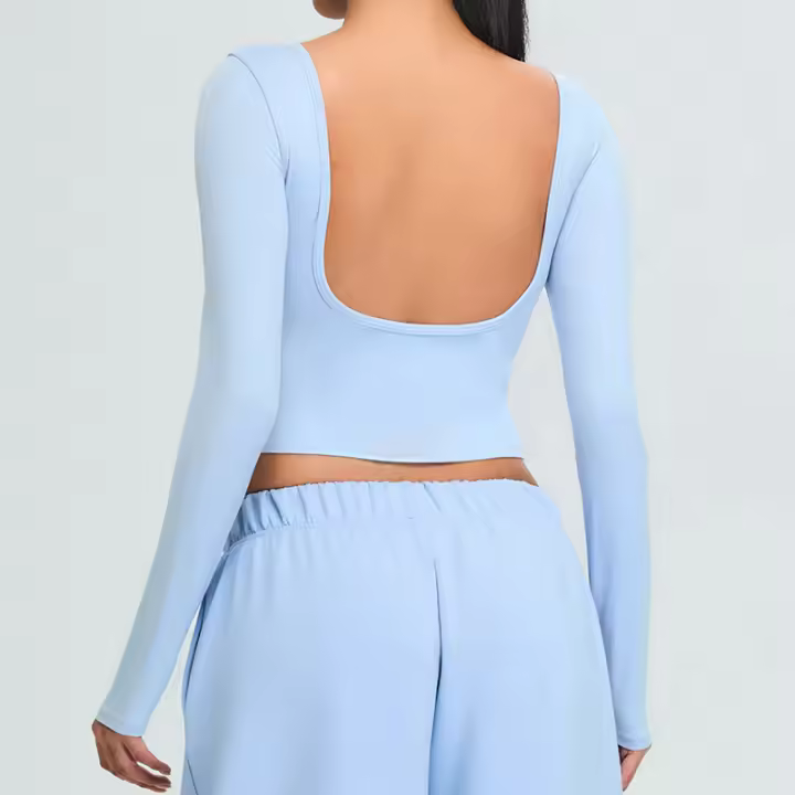 Top de yoga de manga larga con espalda abierta para mujer, ropa deportiva sexy con espalda abierta, Top corto con diseño de espalda en U - 1