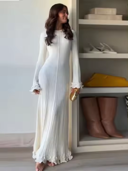 Vestido de punto con dobladillo para mujer, elegante camping de manga larga con cuello redondo y espalda - 1