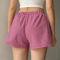 BUNO-Pantalones cortos con estampado de cuadros Vintage para mujer, pantalones cortos elásticos de cintura baja con botones frontales, Boxers, ropa de calle, Mini pantalones cortos a cuadros de tiro bajo - details 3