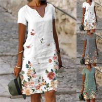 Vestido Midi de Verano Vintage con Estampado Vestido Corto de Algodón con Cuello en V para Mujeres - details 1