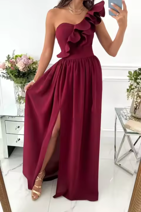 Vestido Largo con Borde Volantes y Lazos para Un Solo Hombro Moda Femenina - 1