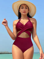 Elegante Traje de Baño Monokini de Colores Sólidos Cuello Halter para Mujeres Malla de Parche - details 4
