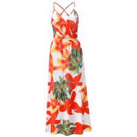 Vestidos largos con cuello en V para mujer, sin mangas, cintura alta, playa, Maxi, estampado rojo S - details 5